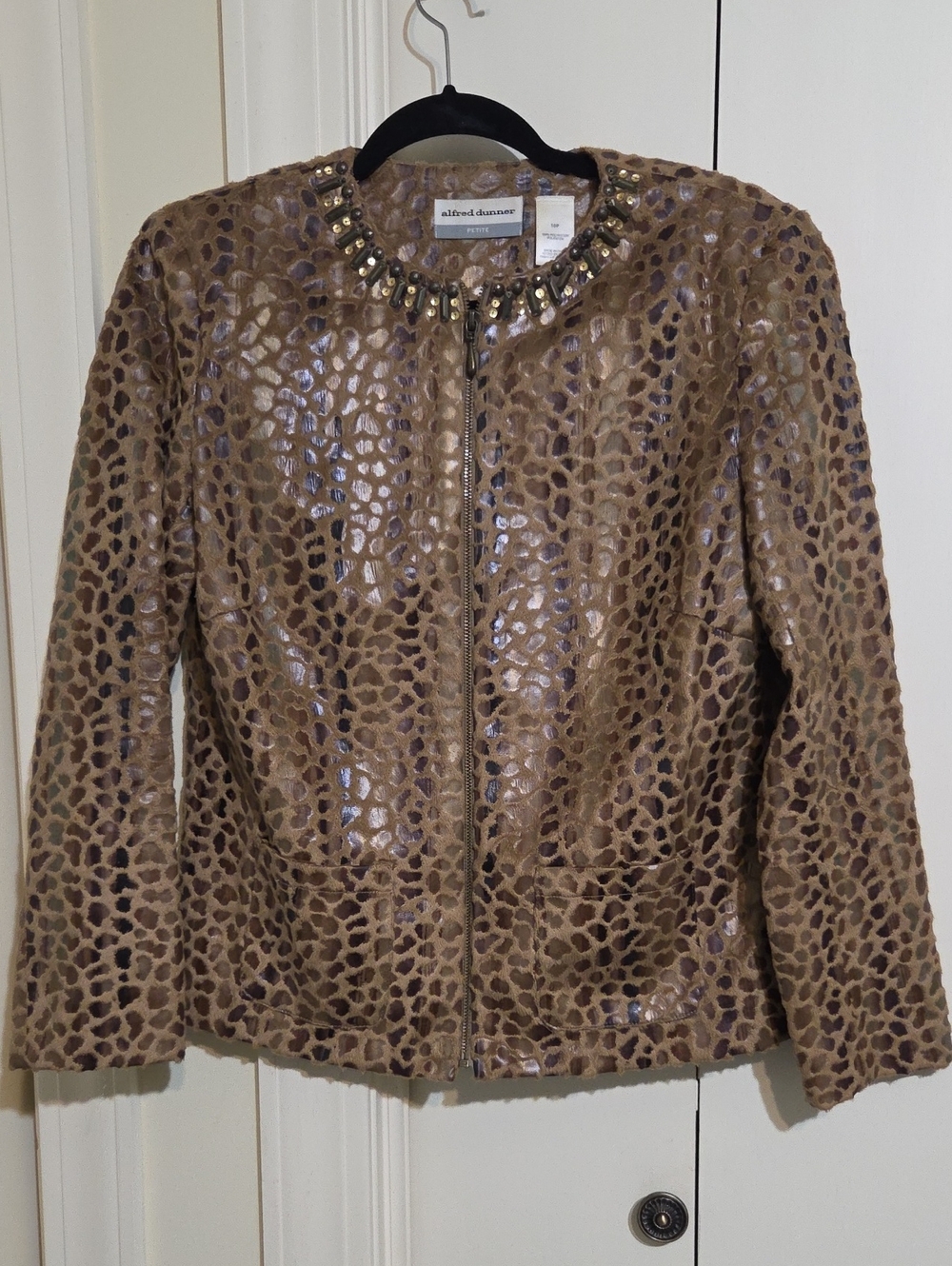 Alfred Dunner Faux Suede With Animal Burnout Pattern Zip Jacket with Stud Collar